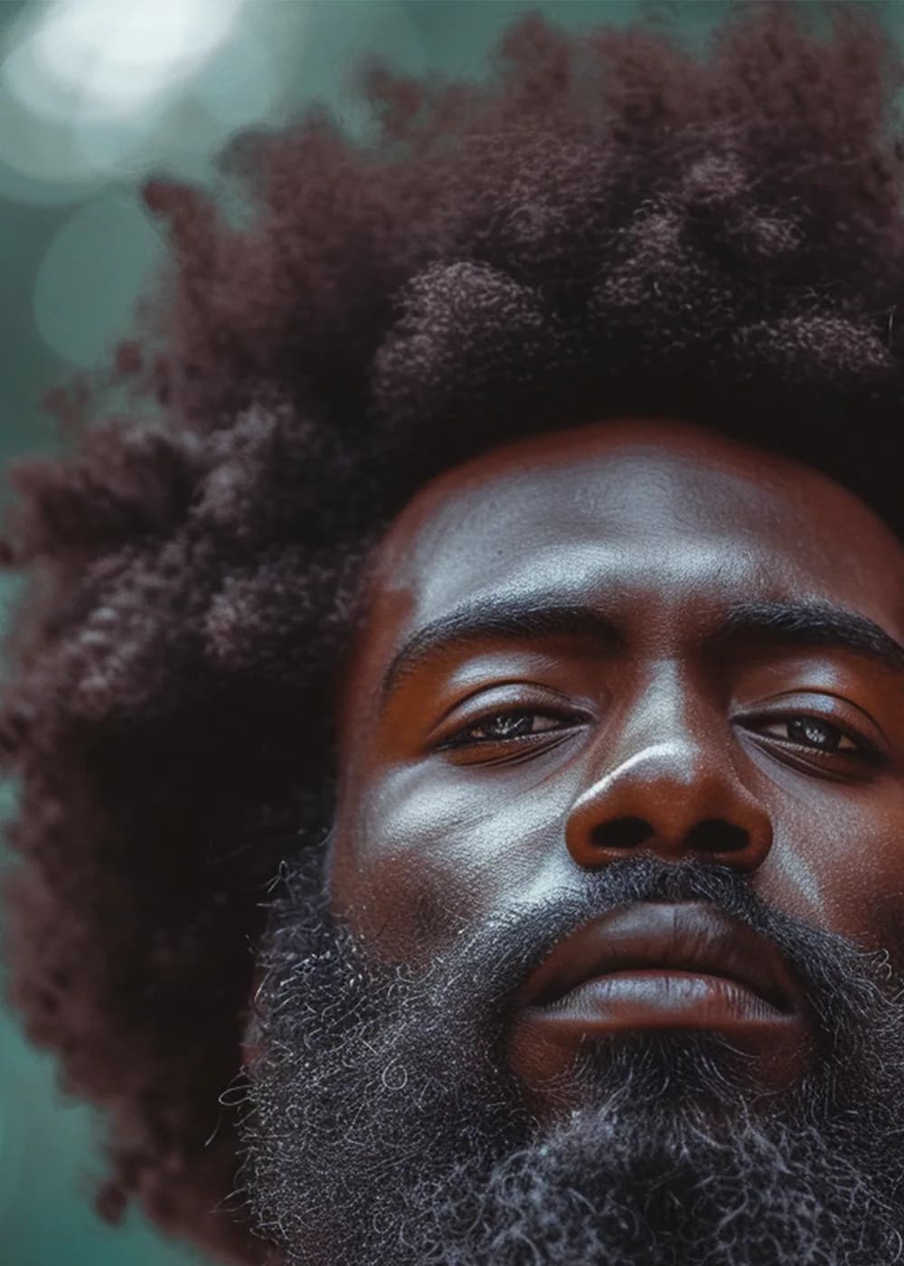 Portrait of a man with an afro and a beard, in soft light