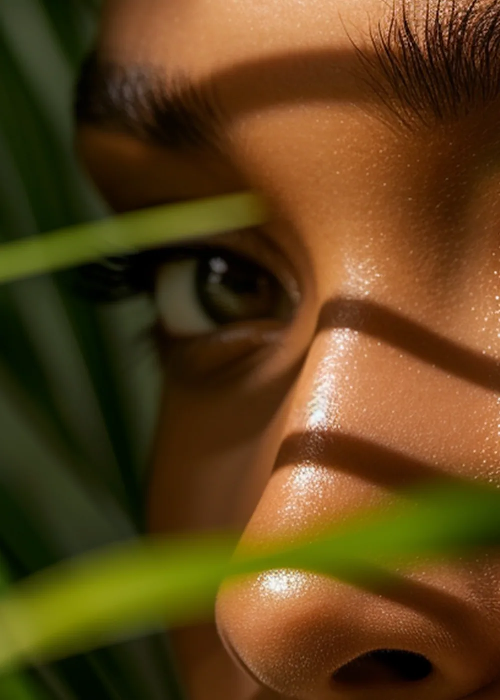 Close-up of a face in the shade of palm leaves